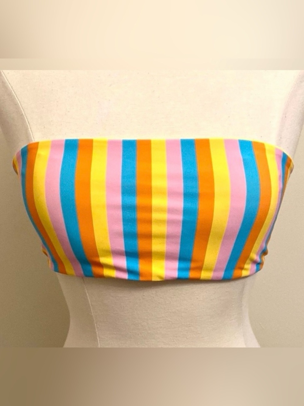 Night Dive Swim Pink Yellow Blue Retro 90s Striped M Festival Bandeau Bikini Top